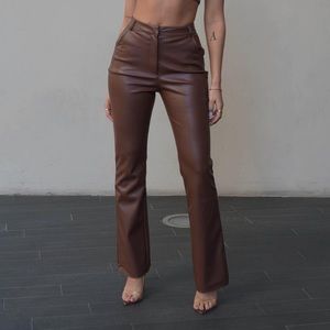 Meshki Tyra Straight Leg Faux Leather Pants- Chocolate